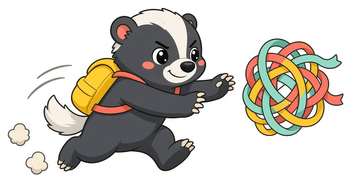 Henry the honey badger leaping forward with a determined grin to untangle a big knot of colorful ribbons