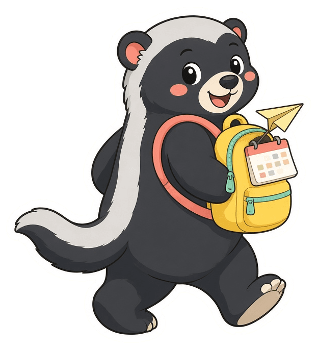 Henry the honey badger walking along happily, his yellow backpack holding a paper airplane and a little calendar