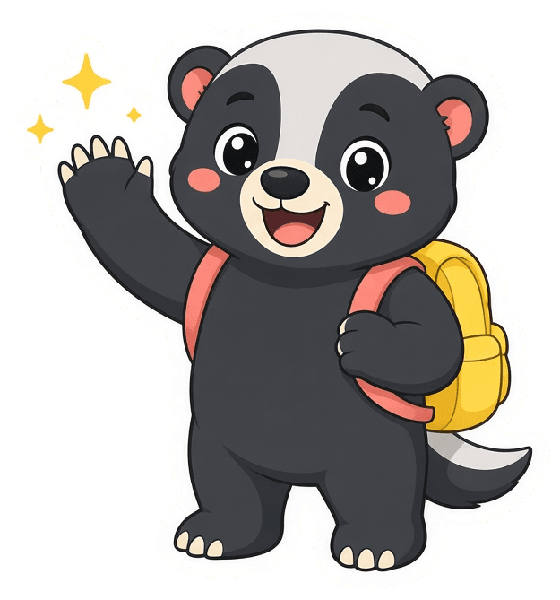 Henry the honey badger, our friendly guide, standing and waving hello with a big smile